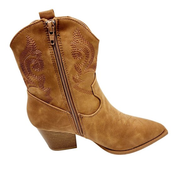 Womens Western Style Tan Ankle Boots With Embroidery & Block Heel Size 7 - Picture 7 of 11